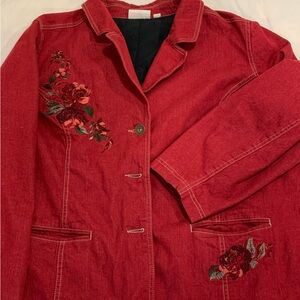 Denim&Co Red Floral Embroidered Jean Jacket